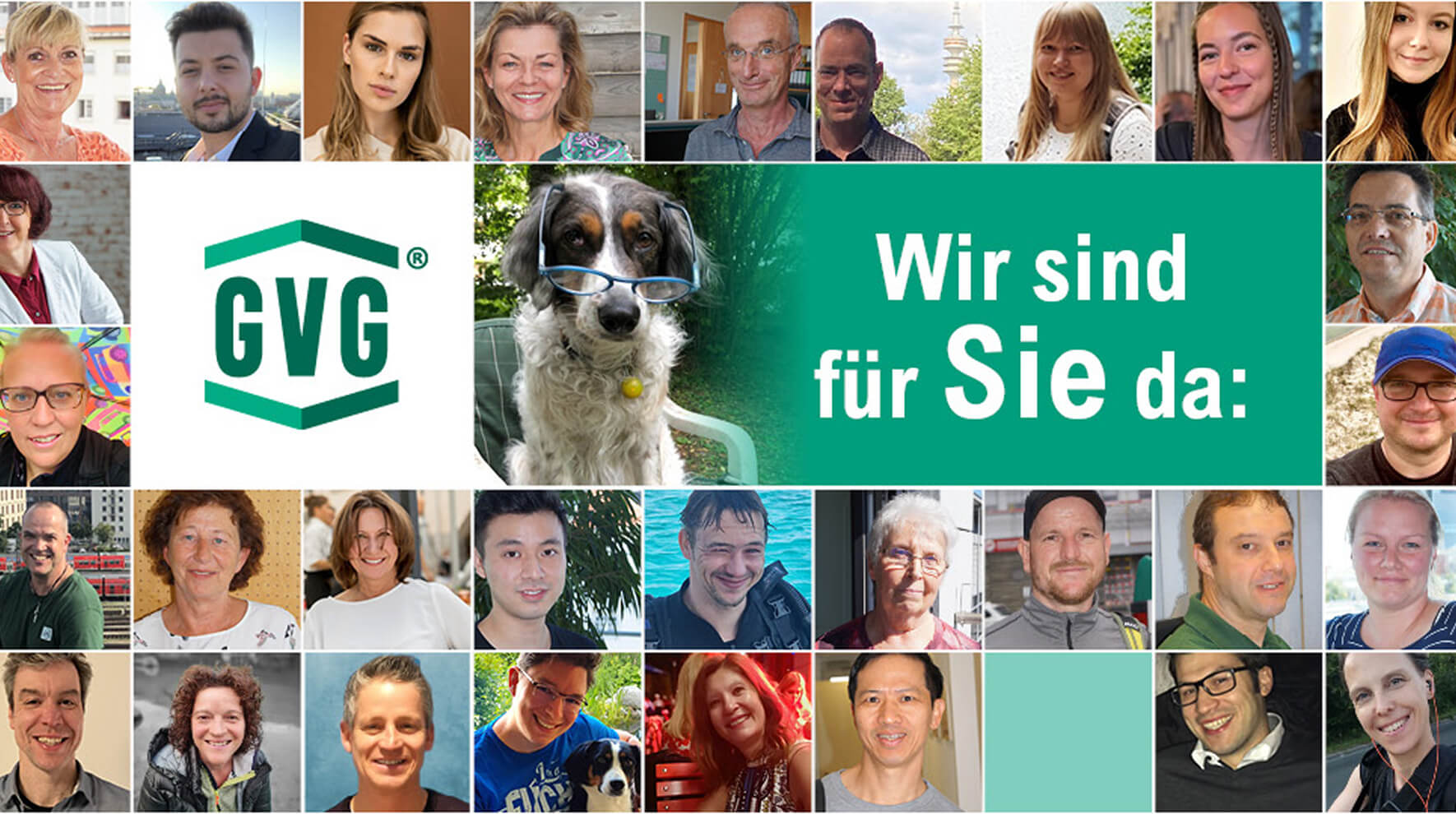 Collage aus 24 Porträtfotos von verschiedenen Mitarbeitern, die ein vielfältiges Team repräsentieren, umrahmt von einem großen GVG-Logo in der Mitte links und einem Hund mit Brille in der Mitte. Daneben steht der Text 'Wir sind für Sie da:' in grüner Schrift.