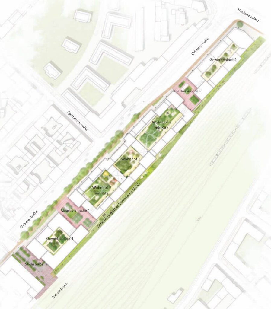 Städtebaulicher Lageplan mit geplanten Gebäuden, Wegen und Grünflächen
