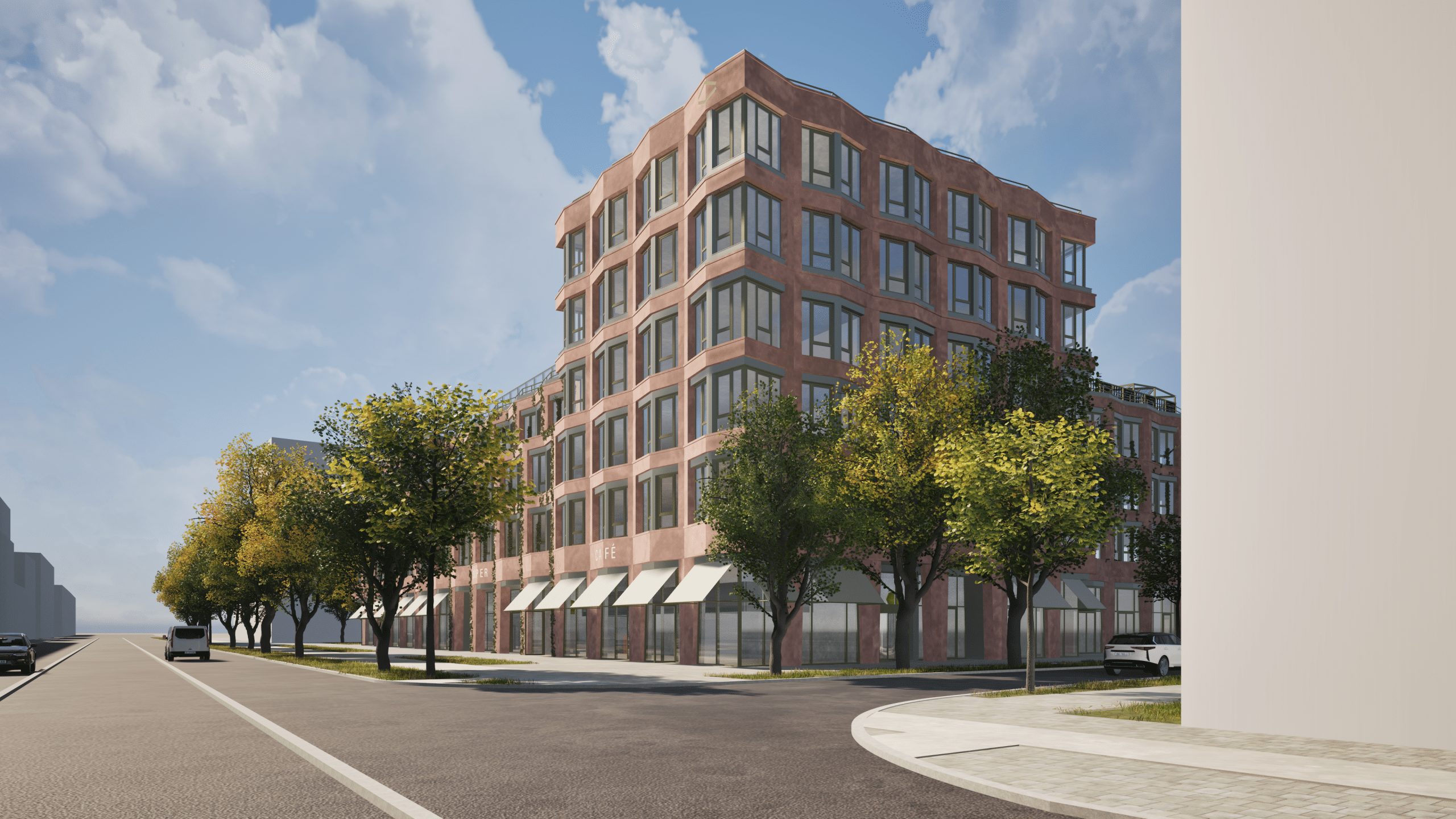 3D-Visualisierung eines modernen, geschwungenen Gebäudes mit roten Ziegeln am Straßenrand.