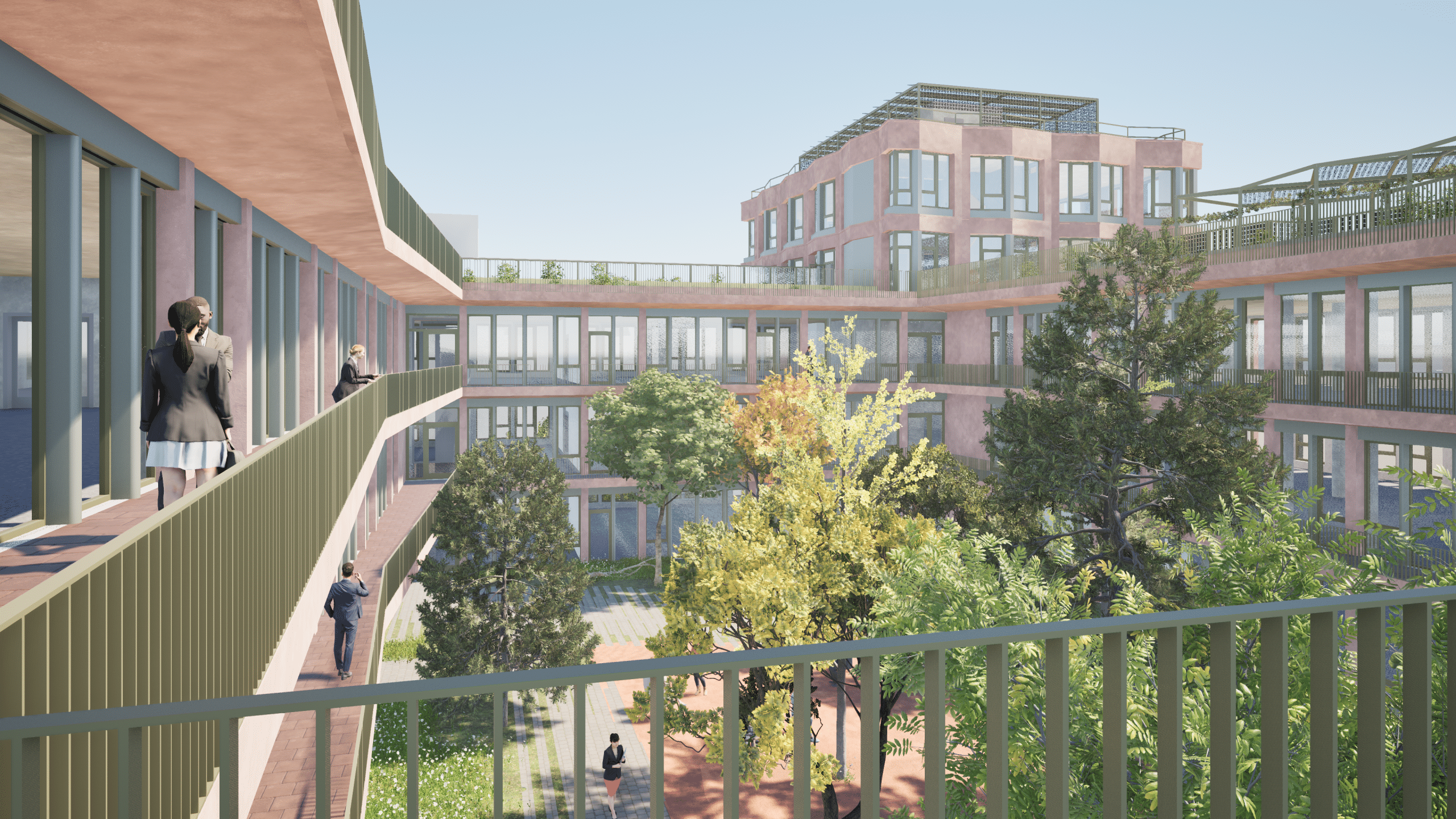 3D-Visualisierung: Innenhof eines modernen Bürogebäudes mit viel Grün und Personen.