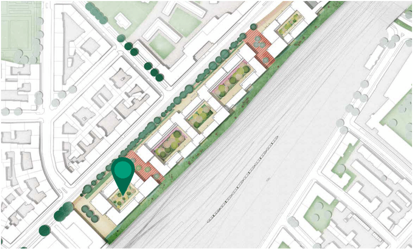 Stadtplan-Aufsicht: Skizze eines länglichen Gebäudekomplexes mit Innenhöfen entlang eines Flusses.
